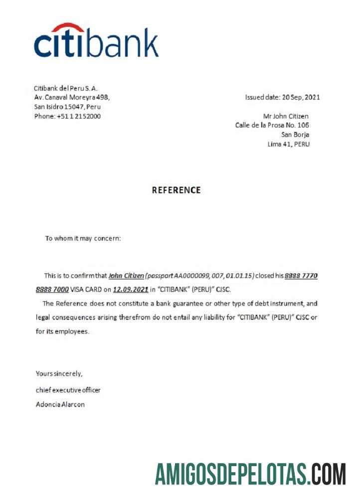 Referência de fechamento do Peru Citibank modelo